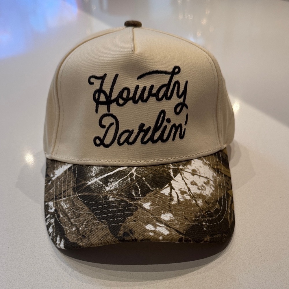 Howdy Darlin' Trucker Hat, Cream Adjustable Camouflage, OS
